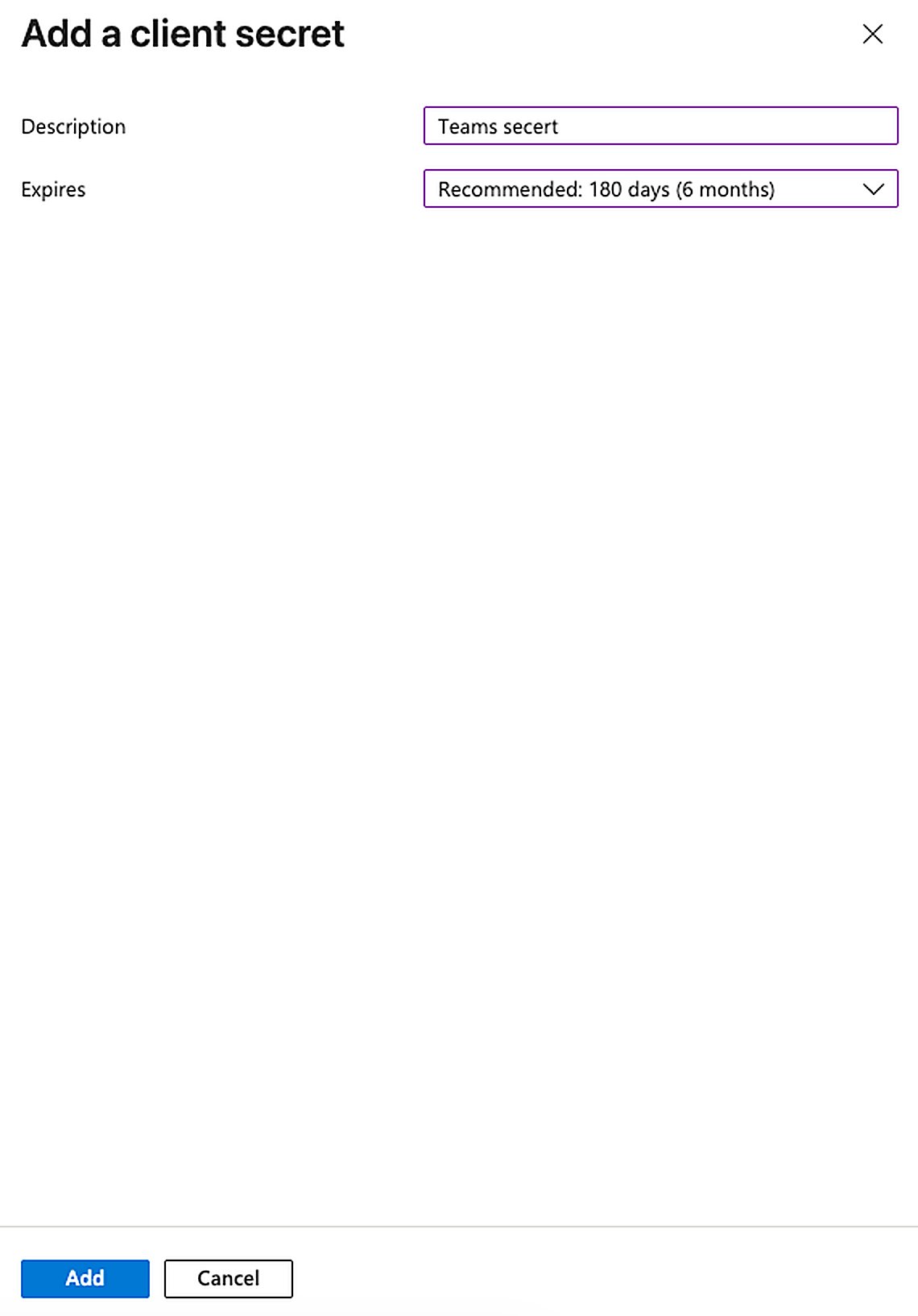 Add a client secret panel with a description and expiry duration