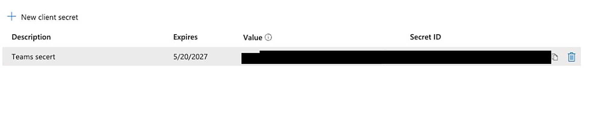 Client secret created, with the secret Value ready to copy