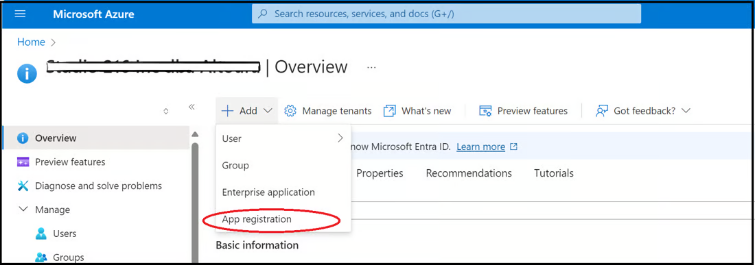Microsoft Entra ID Add menu with the App registration option
