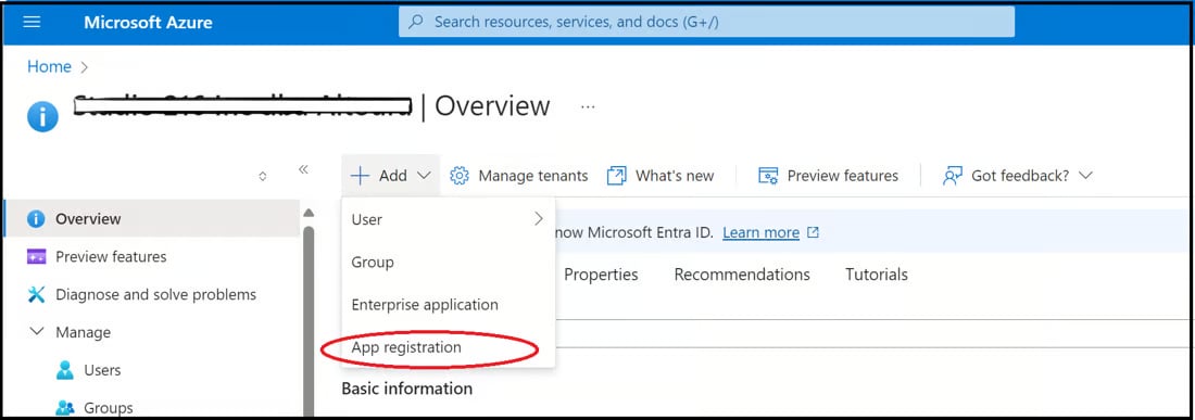 Microsoft Entra ID Add menu with the App registration option