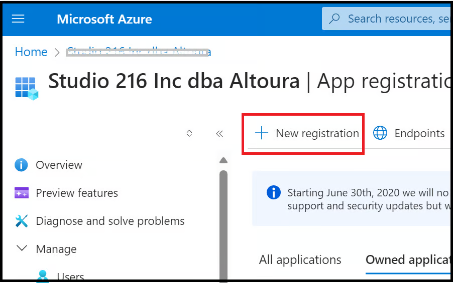 New registration button on the App registrations page