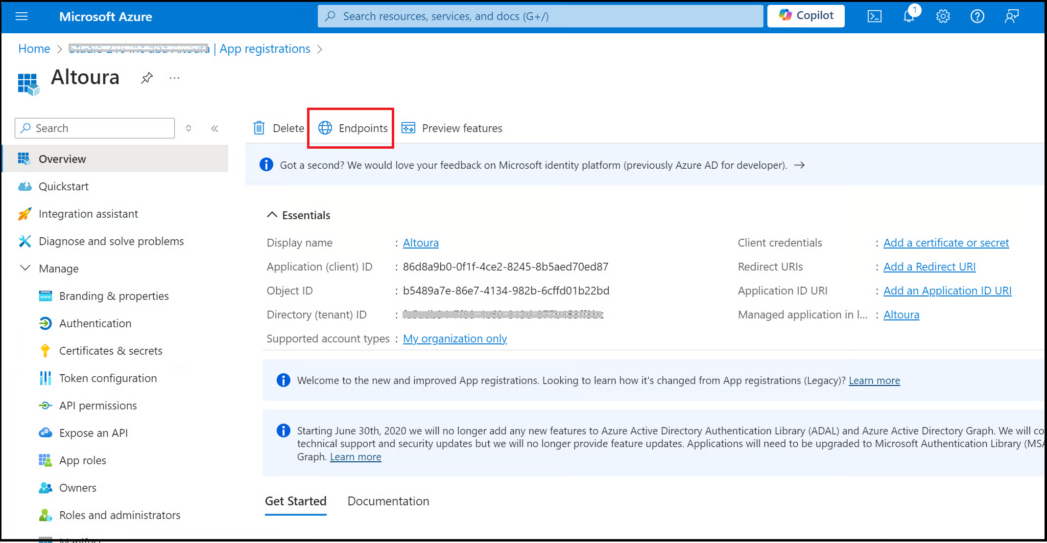Endpoints button on the app overview page