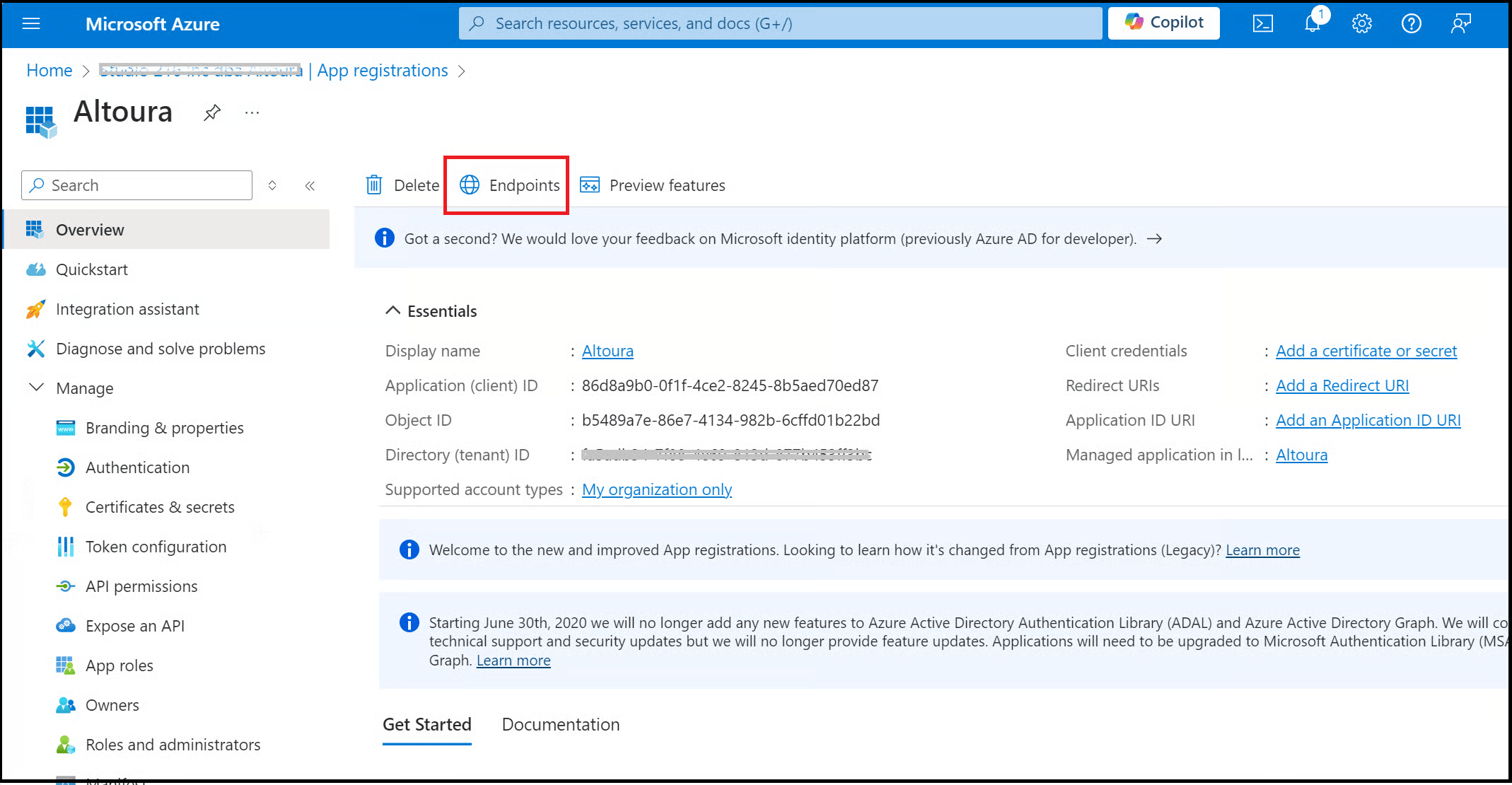 Endpoints button on the app overview page