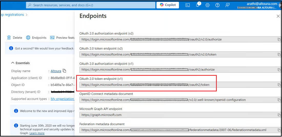 Endpoints window showing the OAuth 2.0 token endpoint (v1) value