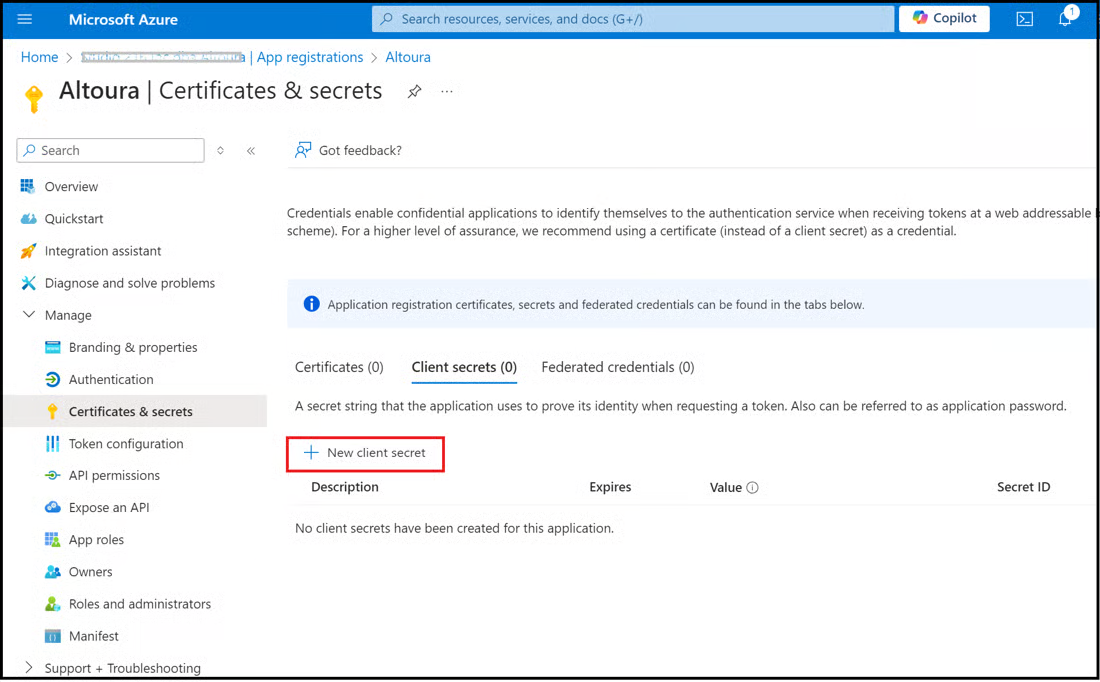 New client secret button on the Certificates & secrets page