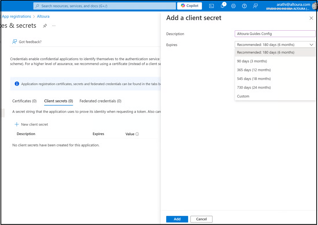 Add a client secret window with Description and Expiry fields