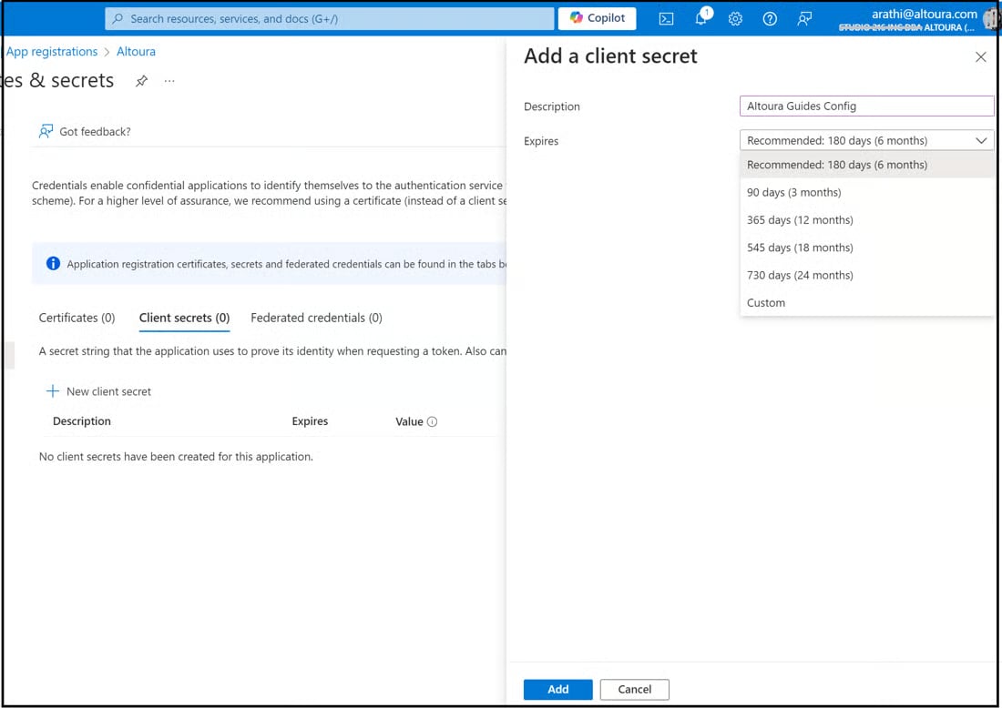 Add a client secret window with Description and Expiry fields
