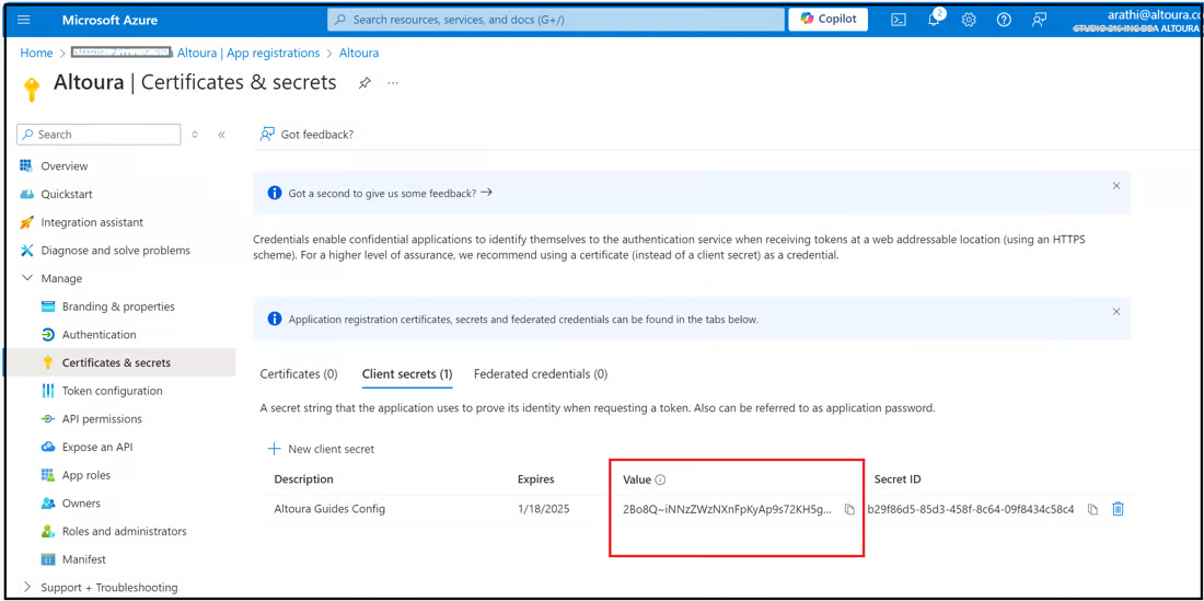 Generated client secret value on the Certificates & secrets page