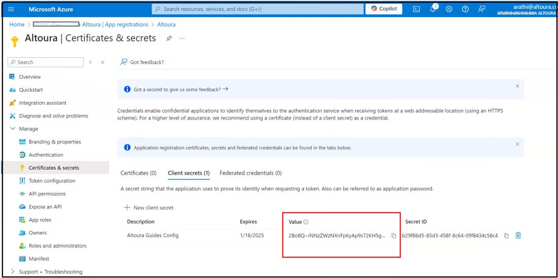 Generated client secret value on the Certificates & secrets page