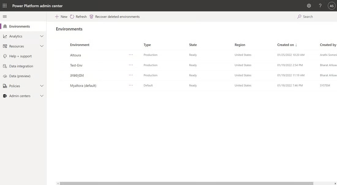 Microsoft Power Platform Admin Center environments list