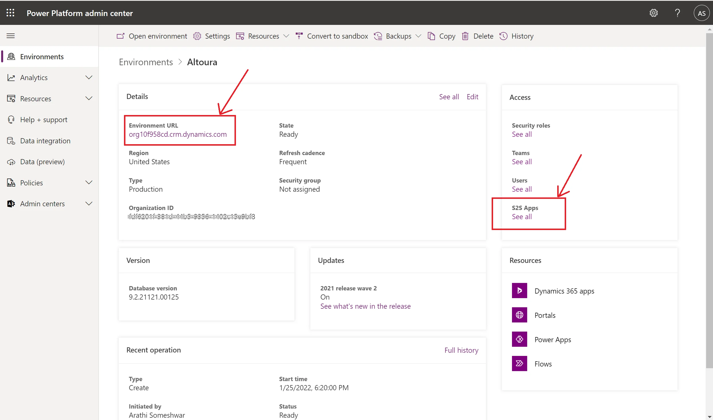 Environment details page with the Environment URL and S2S Apps link