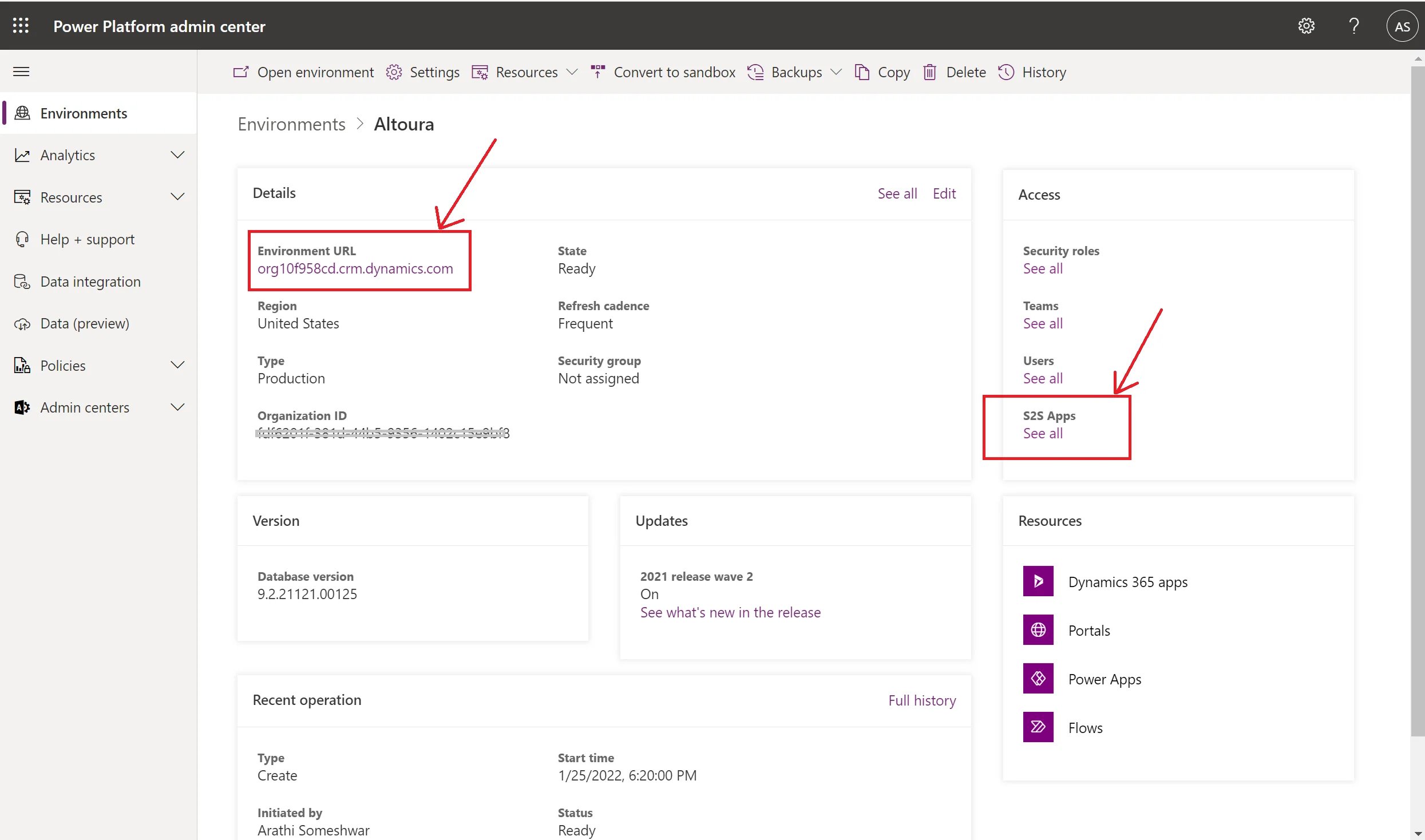 Environment details page with the Environment URL and S2S Apps link