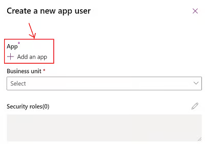 Create a new app user window with the Add an app link
