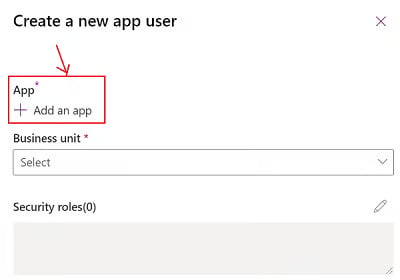 Create a new app user window with the Add an app link