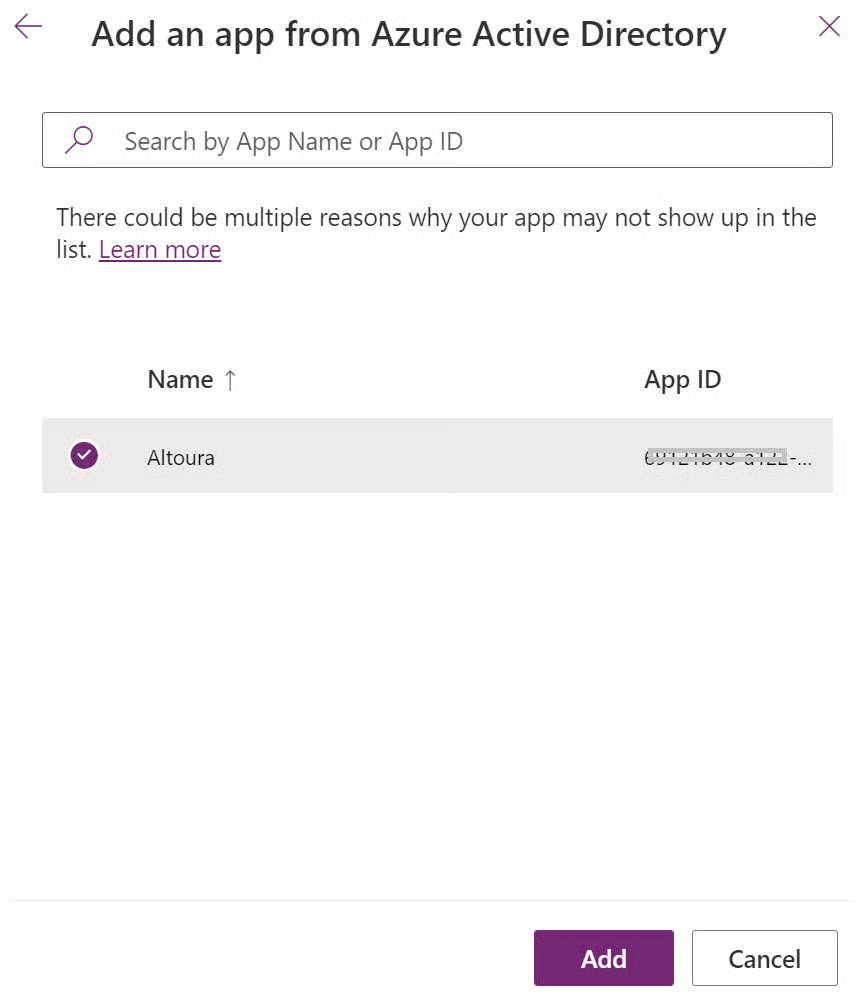 App search window with the registered app and Add button
