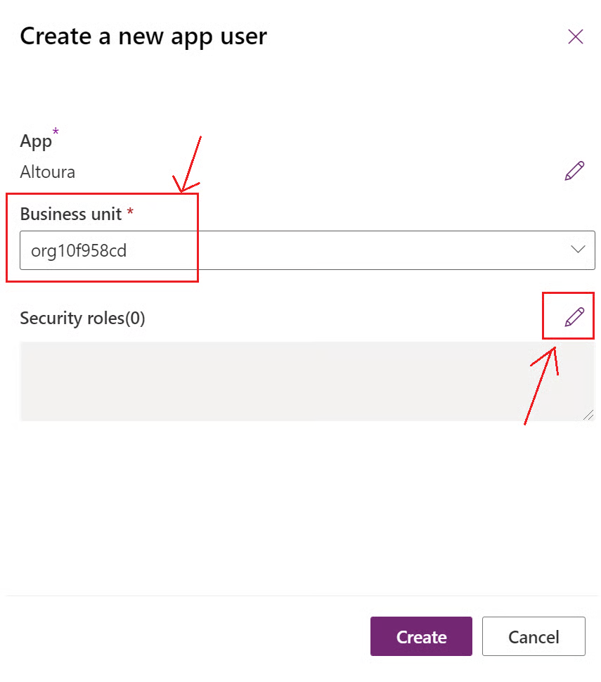 Create a new app user window with business unit and the Security roles edit icon