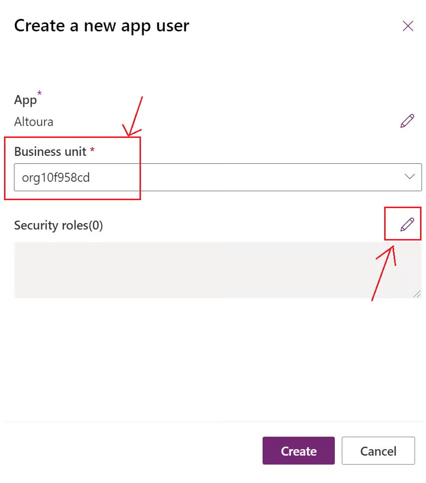 Create a new app user window with business unit and the Security roles edit icon