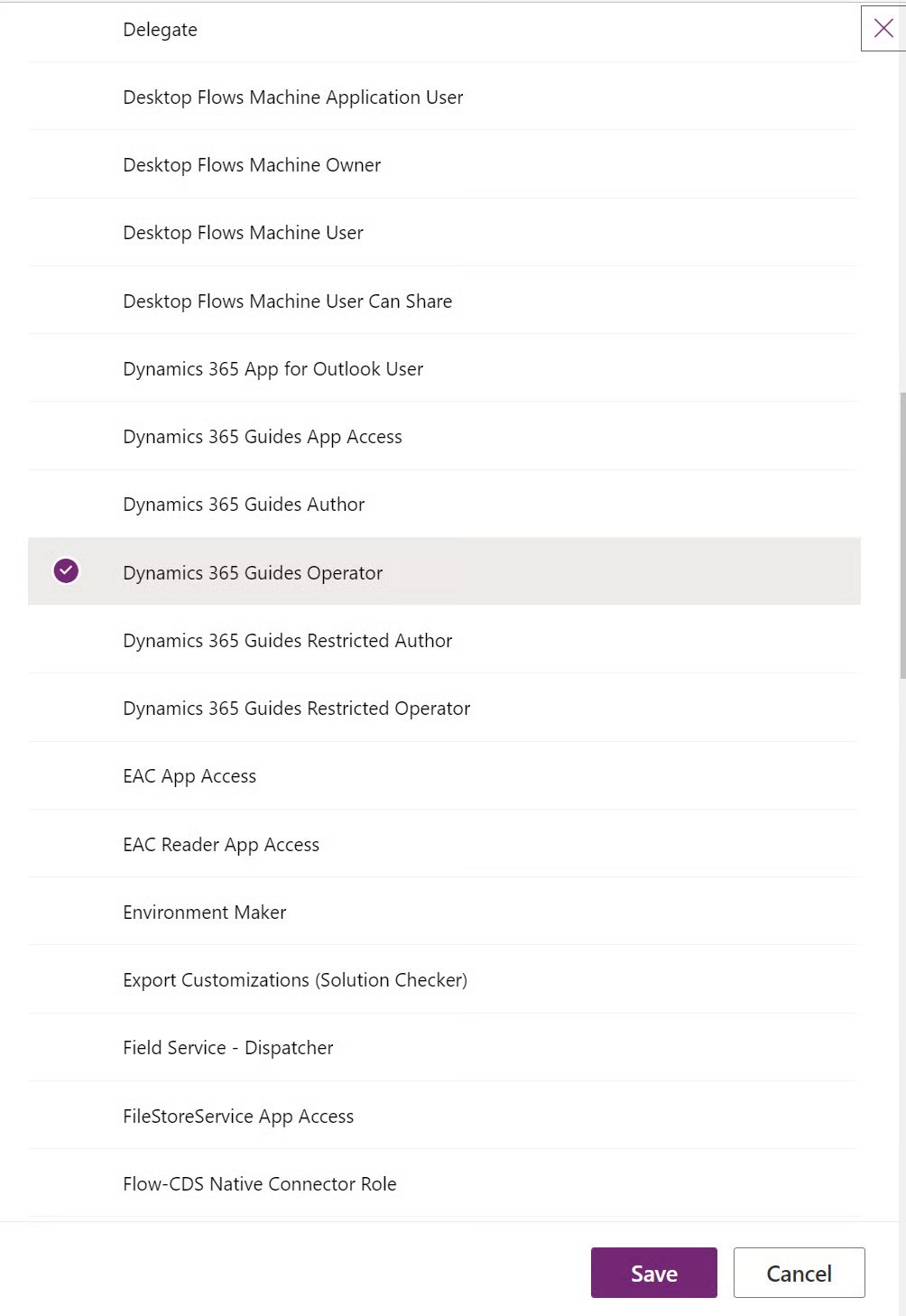 Security roles list with Dynamics 365 Guides Operator selected