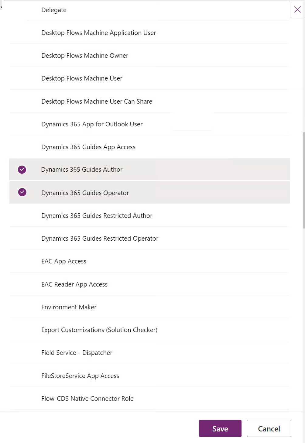 Security roles list with Dynamics 365 Guides Author selected