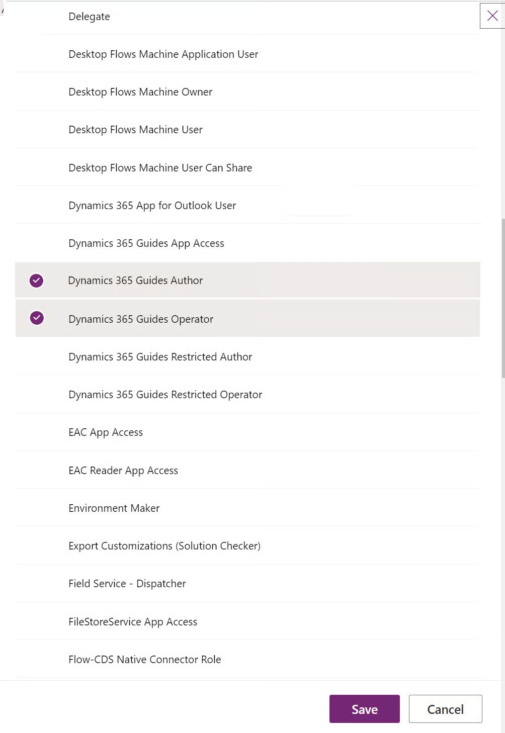 Security roles list with Dynamics 365 Guides Author selected
