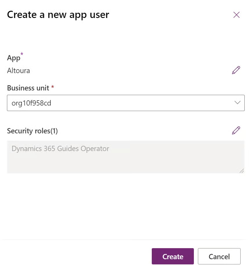 Create button on the Create a new app user window
