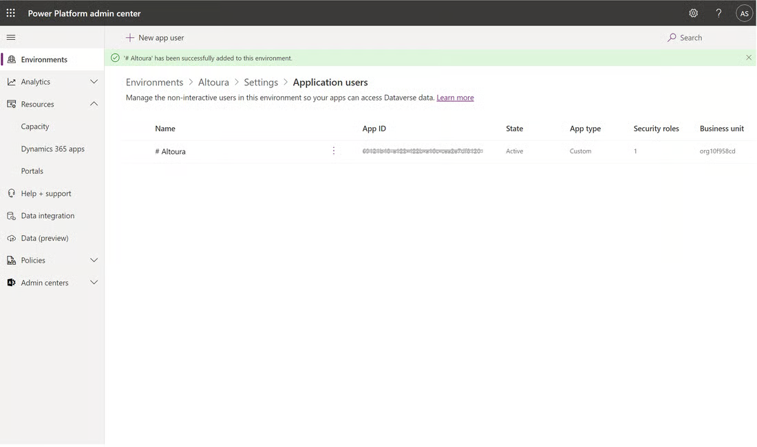 Application user added to the environment with the assigned role