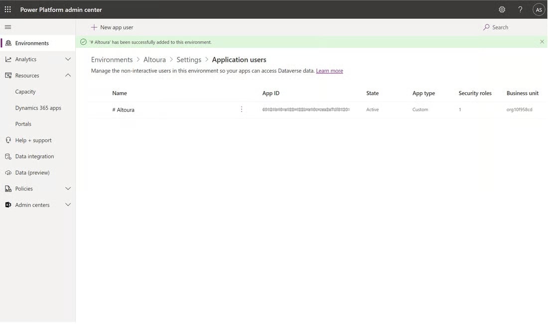 Application user added to the environment with the assigned role