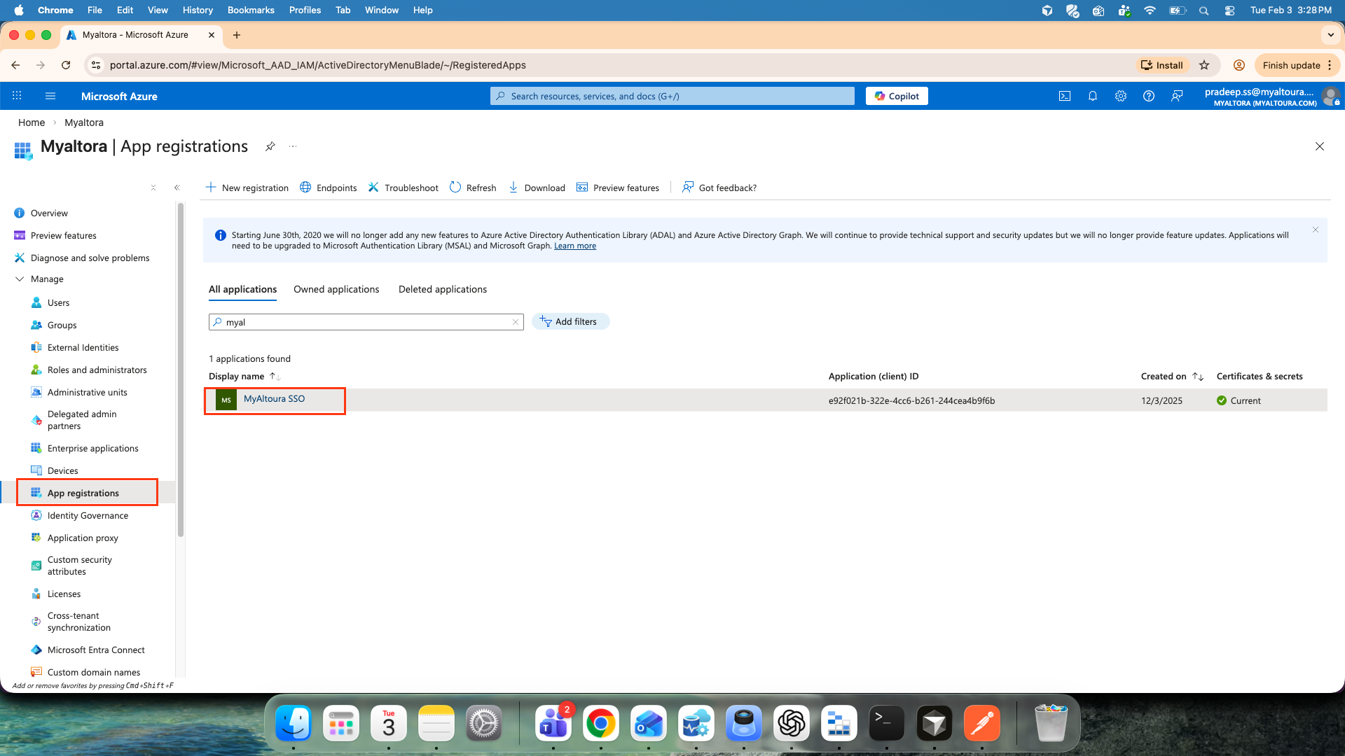 Microsoft Entra ID App registrations page with your app selected