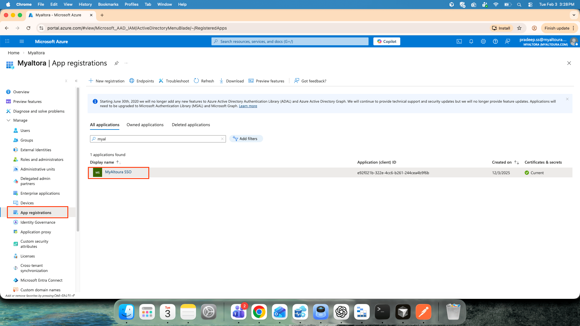 Microsoft Entra ID App registrations page with your app selected