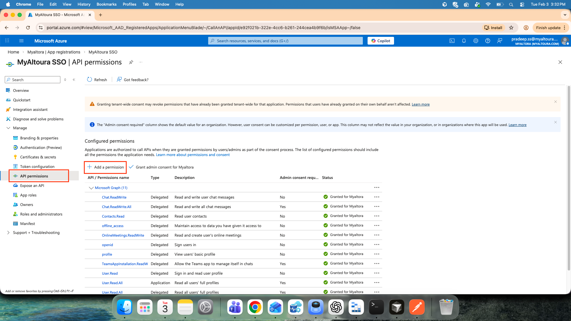 API permissions page with the Add a permission button
