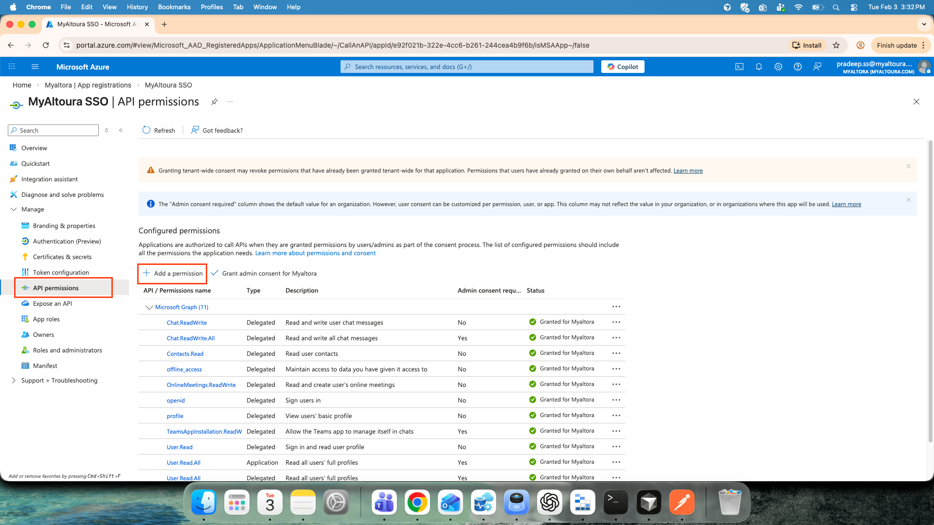 API permissions page with the Add a permission button
