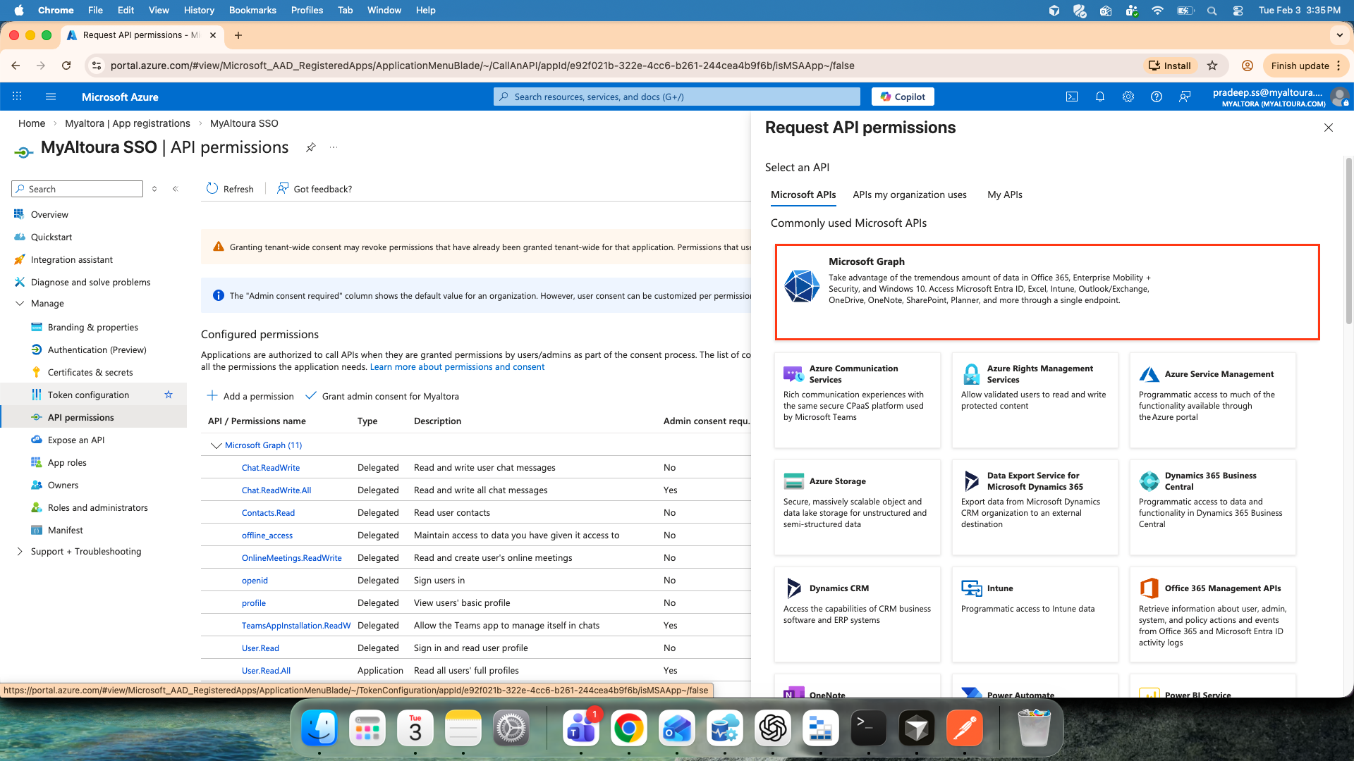 Request API permissions pane with Microsoft Graph selected