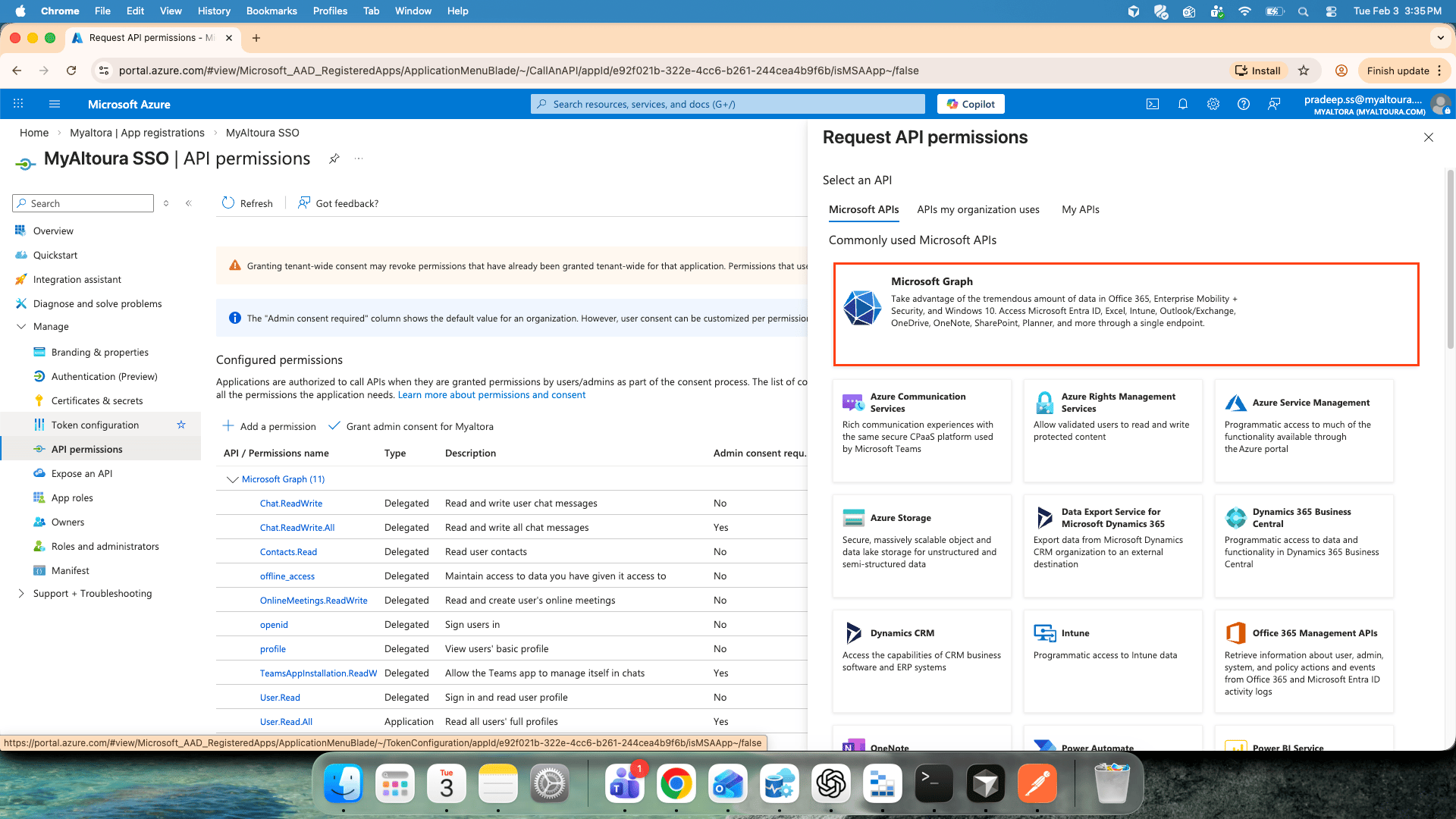 Request API permissions pane with Microsoft Graph selected