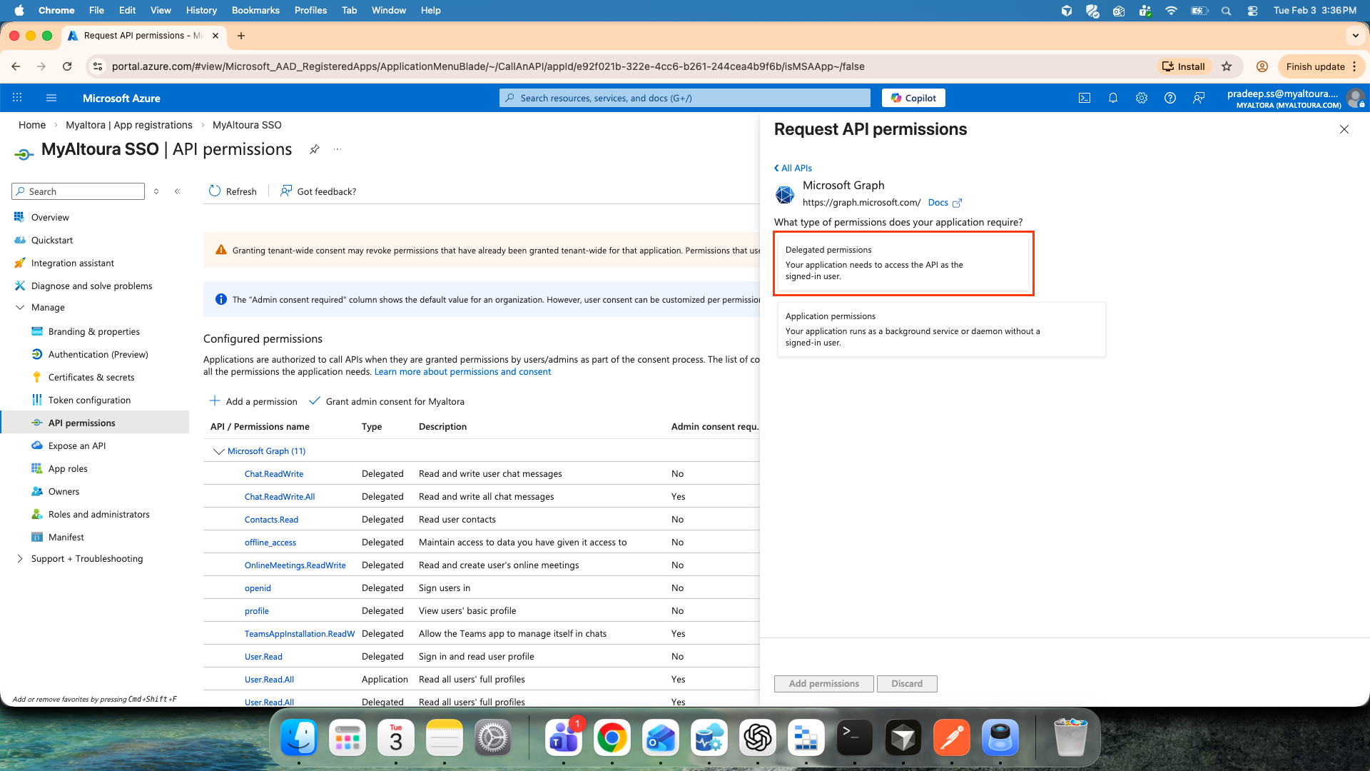 Delegated permissions search with the required permissions selected
