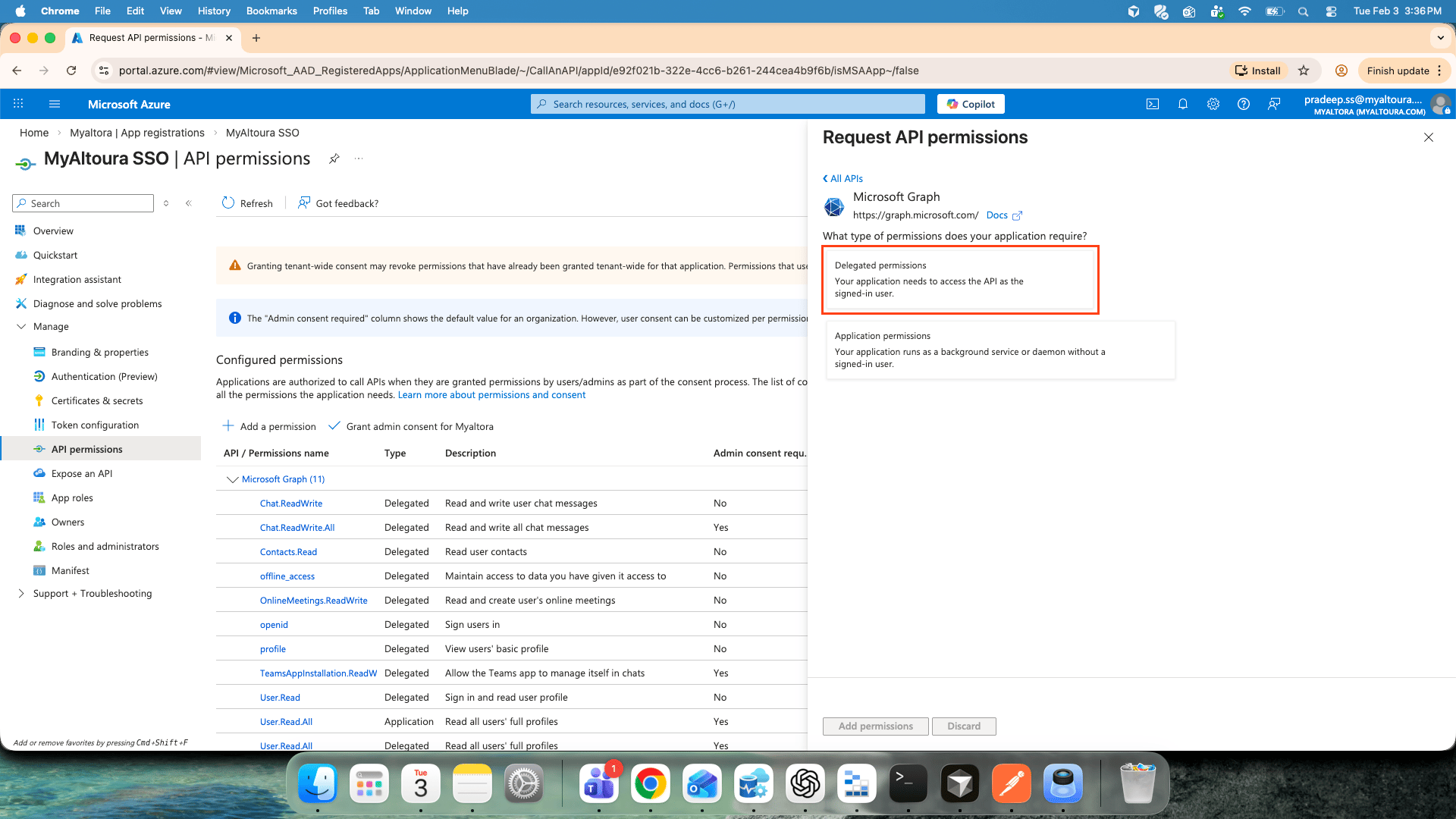 Delegated permissions search with the required permissions selected