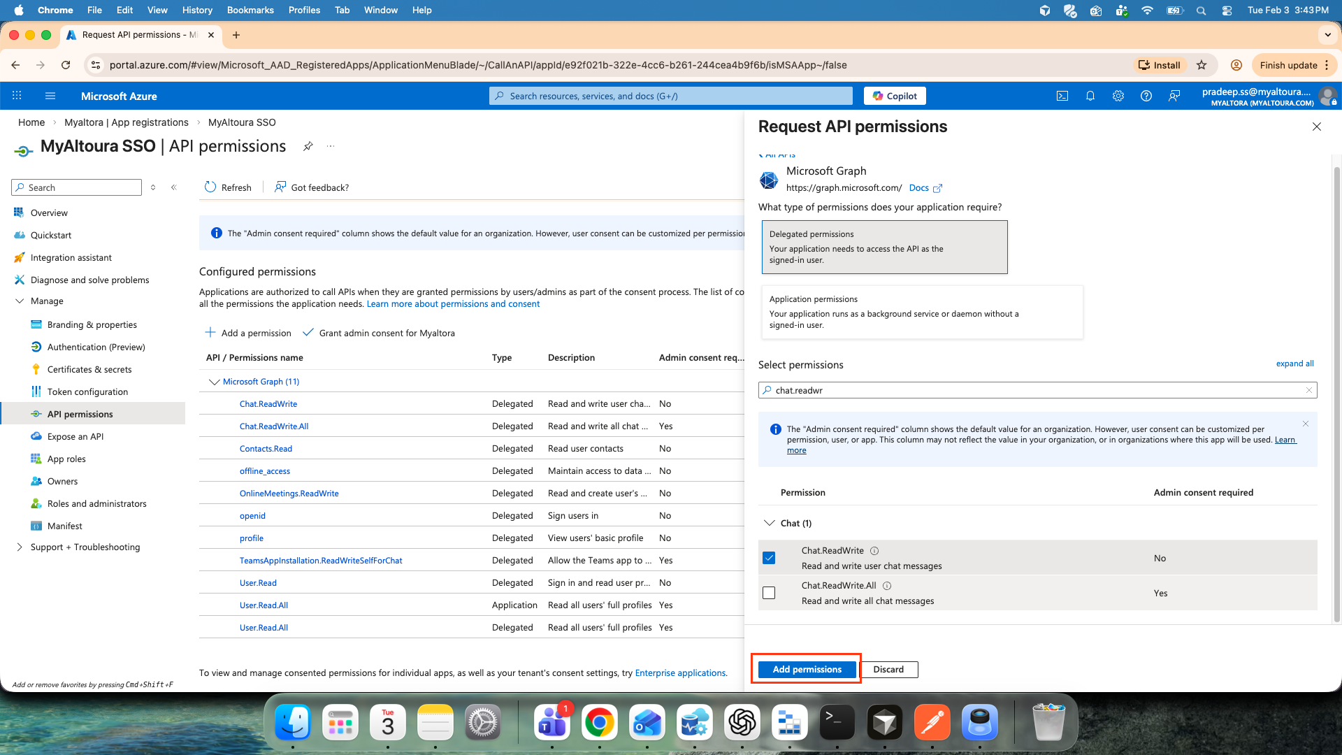 Add permissions button after selecting all required permissions