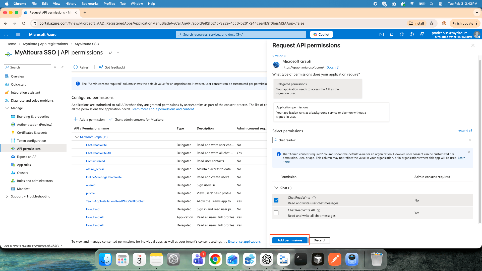 Add permissions button after selecting all required permissions