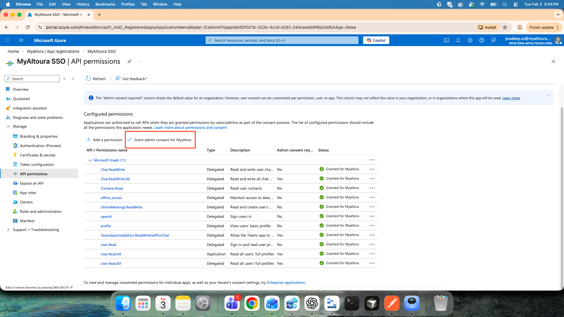 Grant admin consent button on the API permissions page