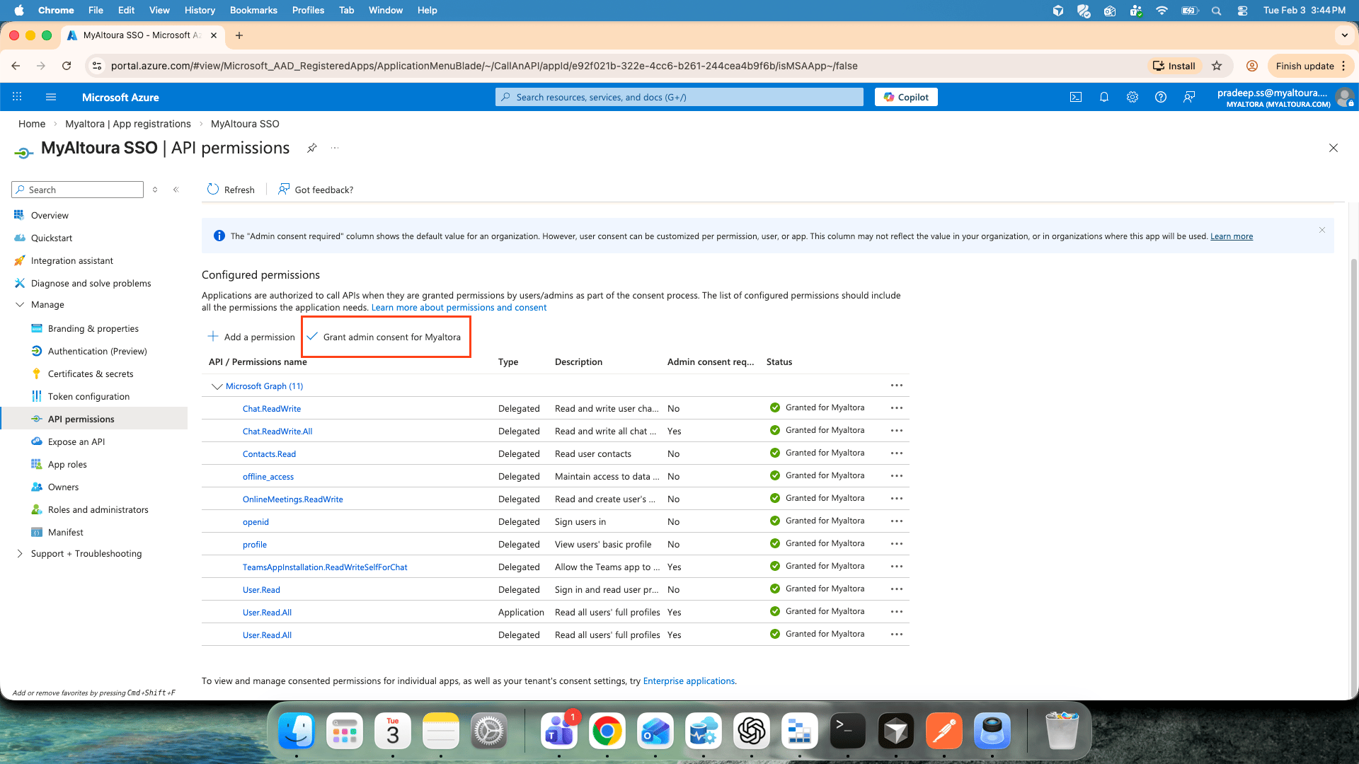Grant admin consent button on the API permissions page