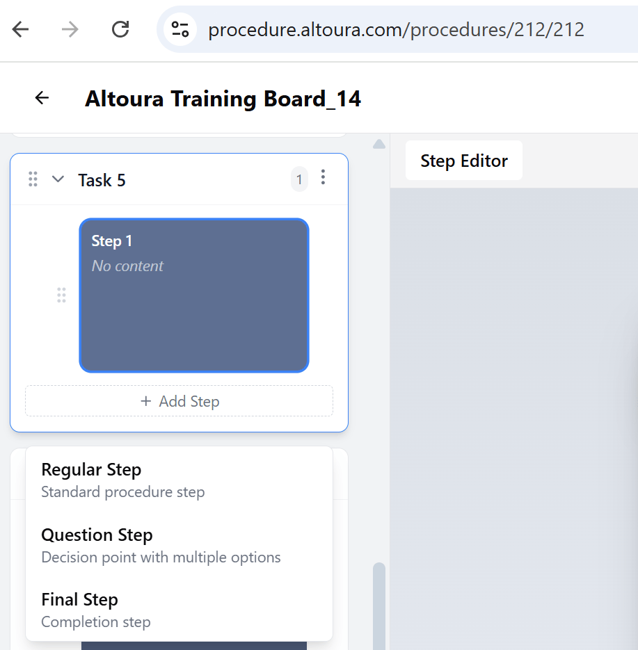 The Add Step dropdown showing the three step type options: Regular Step, Question Step, and Final Step, each with a short description.