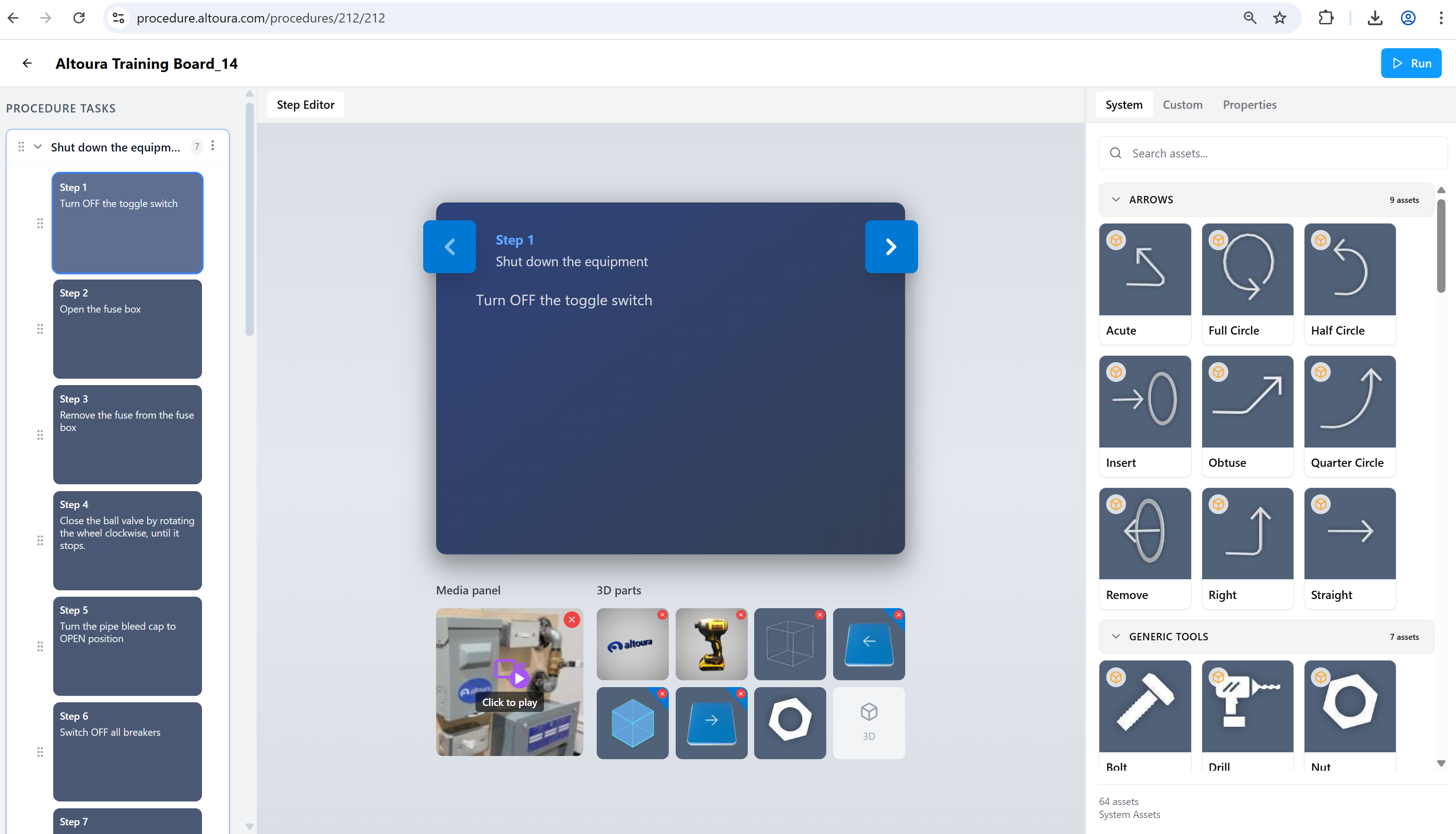 The full Edit Mode layout showing the Assets panel on the right with the System tab open, listing asset categories (Arrows, Generic Tools) with thumbnails alongside the Step Editor and Procedure Tasks panel.