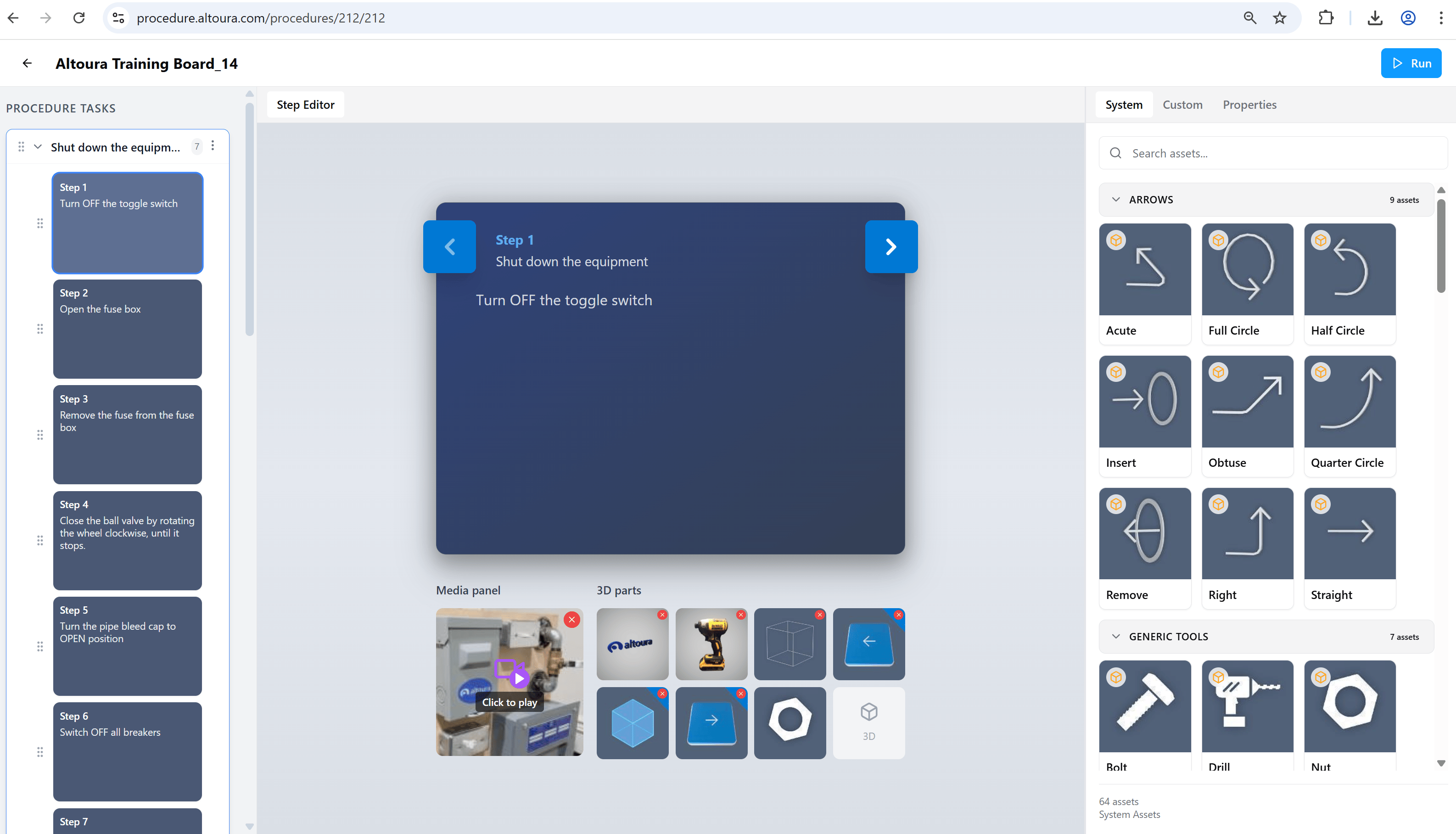 The full Edit Mode layout showing the Assets panel on the right with the System tab open, listing asset categories (Arrows, Generic Tools) with thumbnails alongside the Step Editor and Procedure Tasks panel.