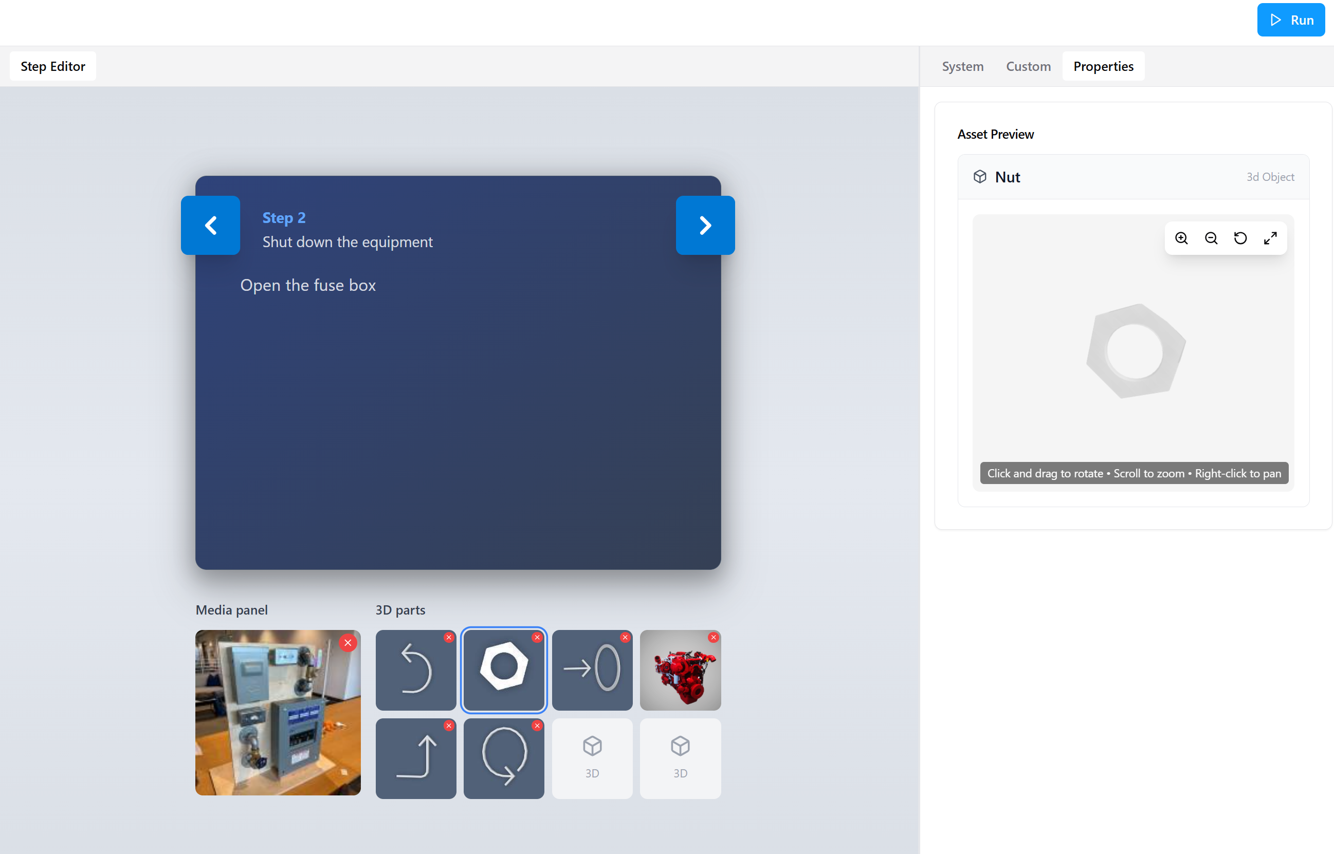 Properties tab showing the Asset Preview for a 3D Nut model, with rotation, zoom, reset, and fullscreen controls visible alongside the preview area.