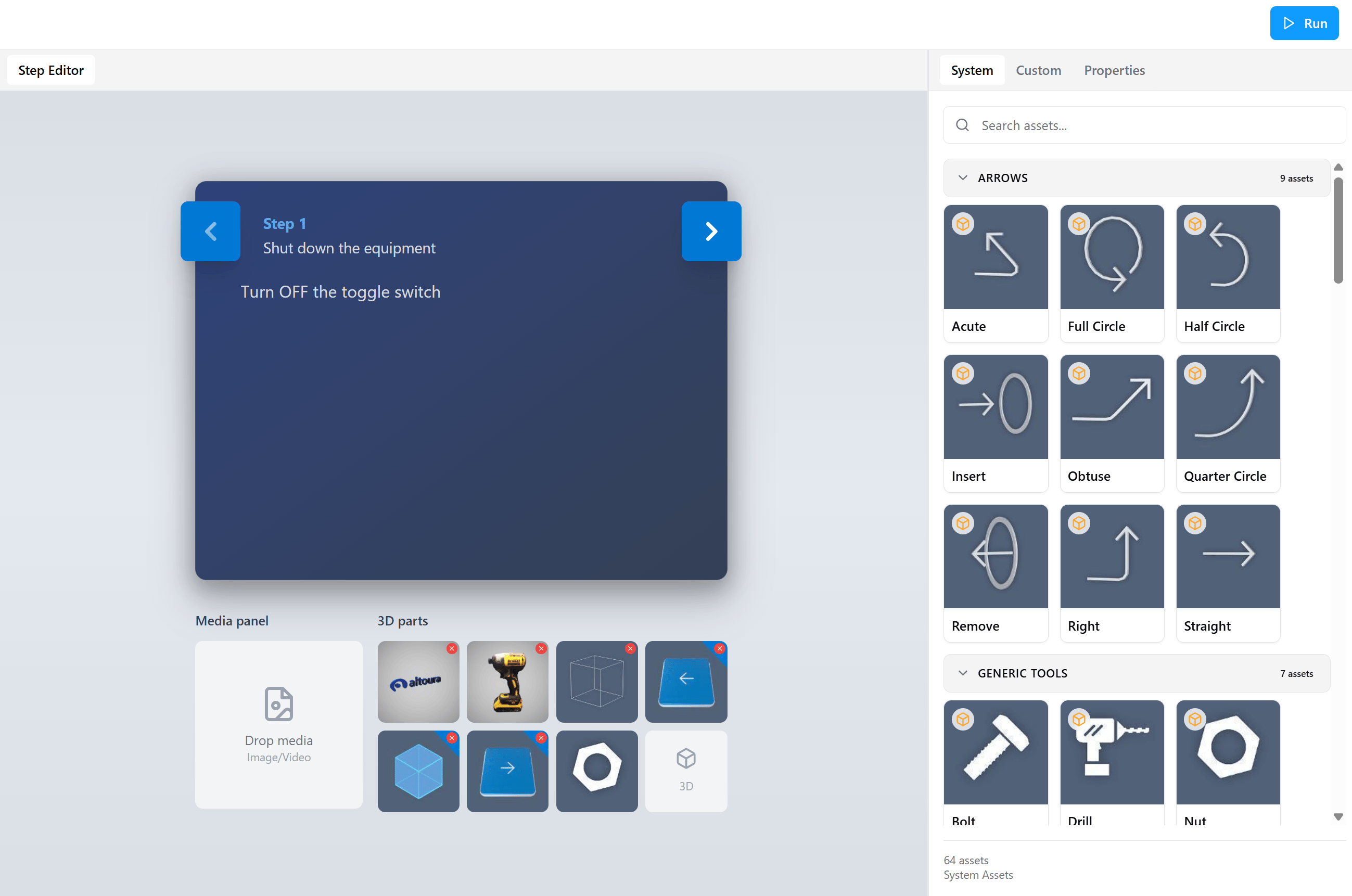 The System tab showing categories such as Arrows (9 assets) and Generic Tools (7 assets) with thumbnail tiles for each model and a search bar at the top.