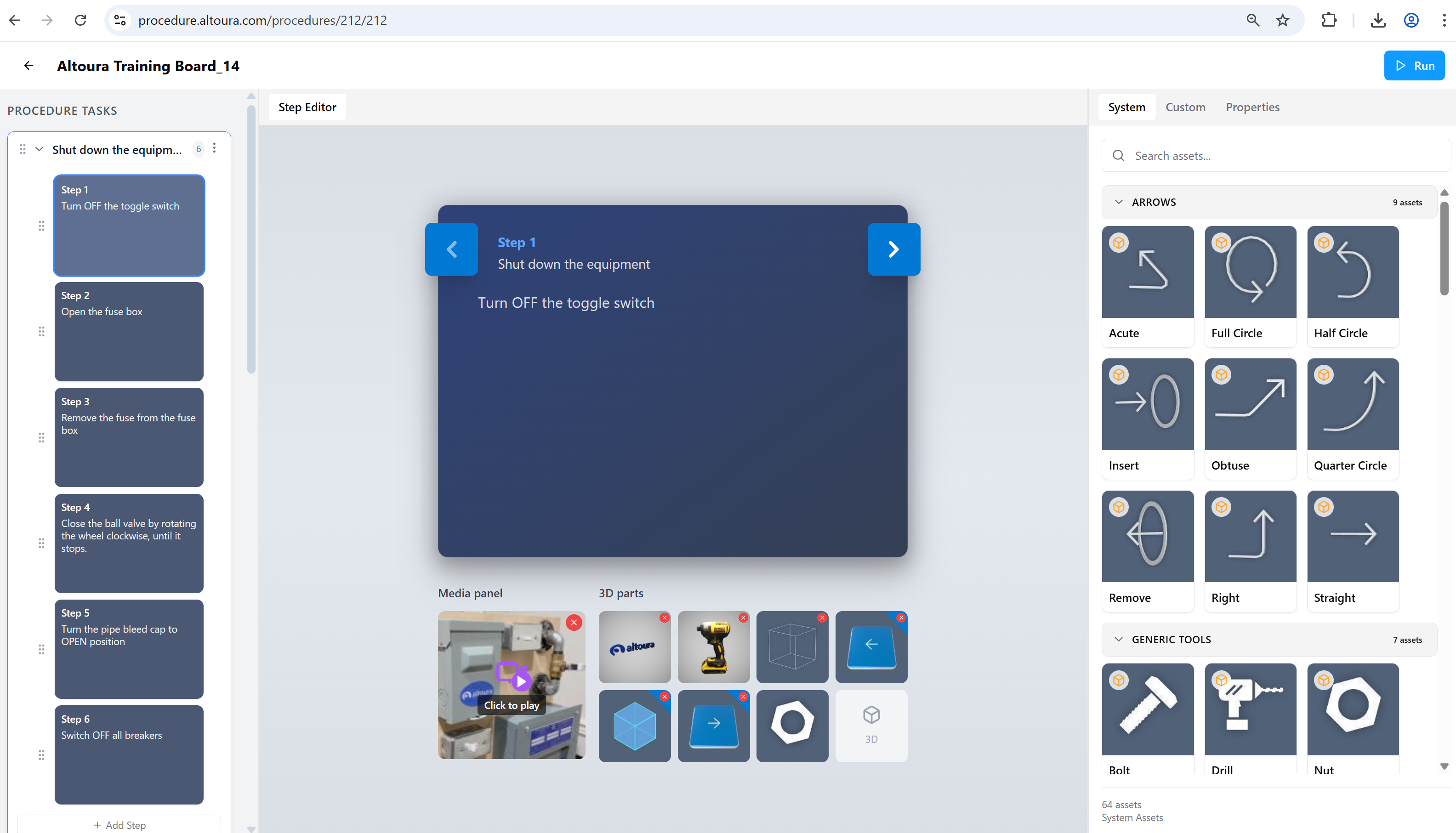 The full Edit Mode layout showing the Procedure Tasks panel on the left, the Step Editor in the center with the current step, and the Assets panel on the right with the System tab open showing asset categories.