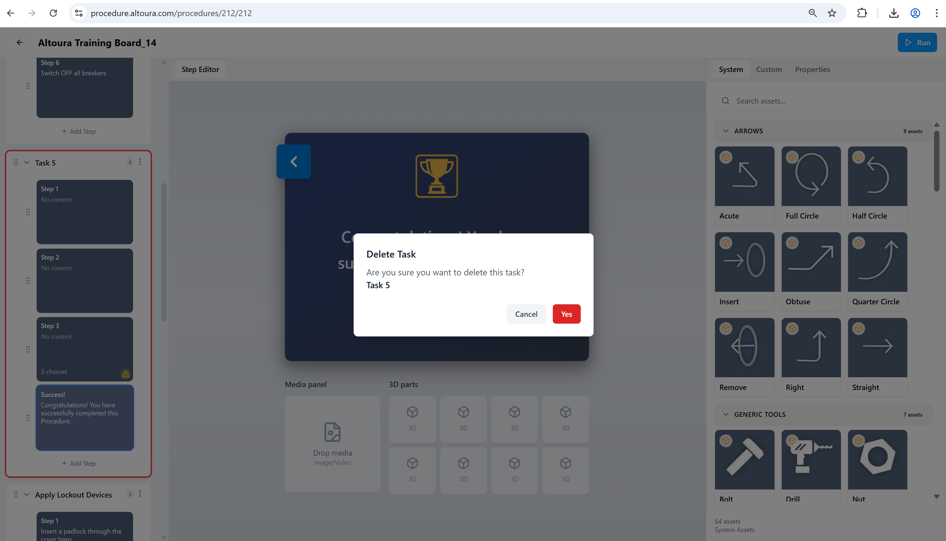 Delete Task confirmation dialog asking 'Are you sure you want to delete this task?' with the task name shown and Cancel and Yes buttons.