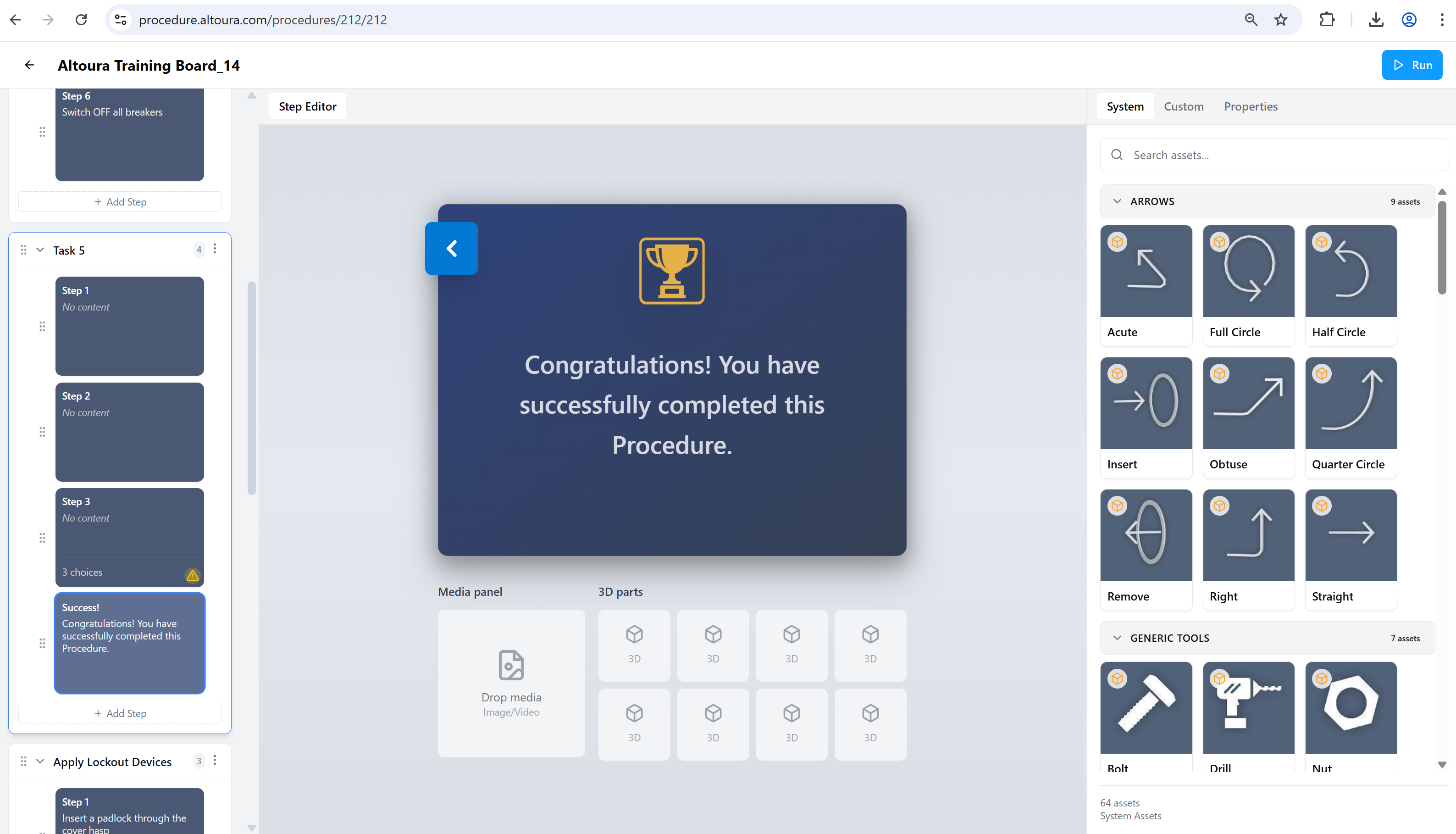 A Final Step in the Step Editor displaying a trophy icon and the completion message 'Congratulations! You have successfully completed this Procedure.'.