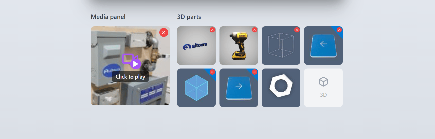 The Media panel showing a video thumbnail with a 'Click to play' overlay, alongside the 3D parts grid containing multiple 3D model tiles.