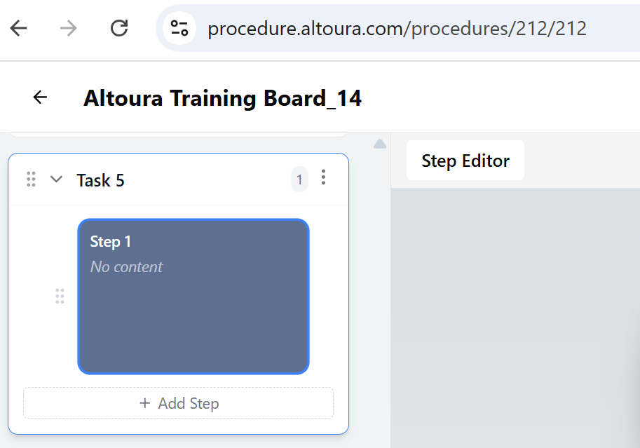 A newly created Task 5 with a single empty Step 1 marked 'No content' and an Add Step button at the bottom.