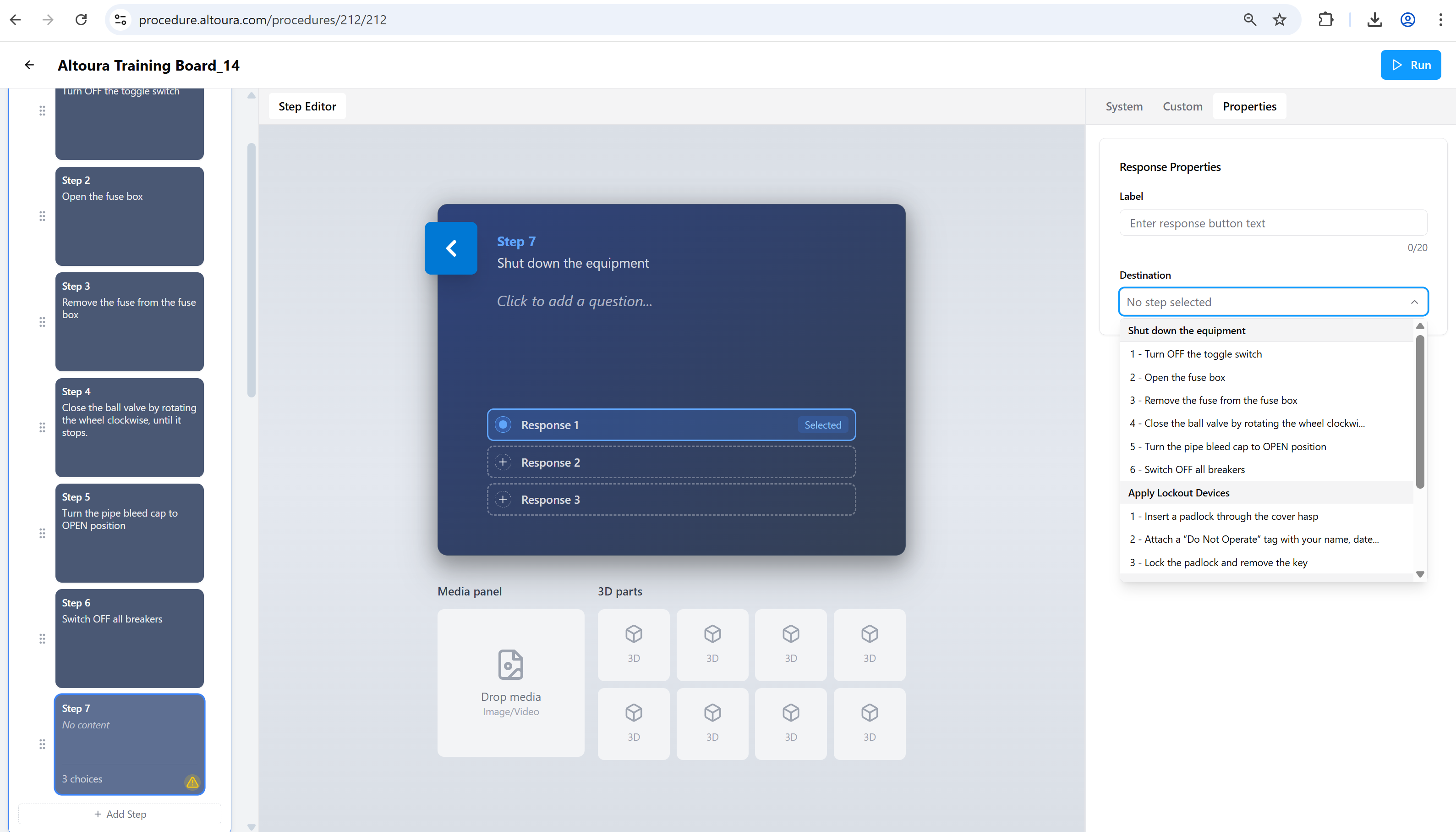 The Response Properties panel on the right showing a Label field with a 20-character limit and an open Destination dropdown listing destination steps grouped by their parent task.